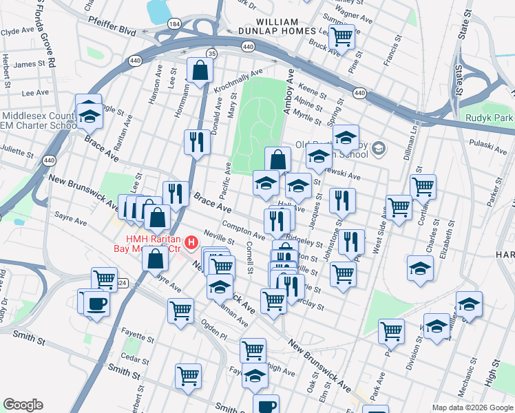 map of restaurants, bars, coffee shops, grocery stores, and more near 426 Brace Avenue in Perth Amboy