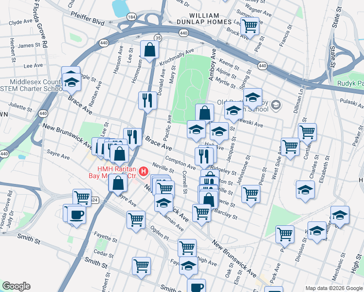 map of restaurants, bars, coffee shops, grocery stores, and more near 454 Brace Avenue in Perth Amboy