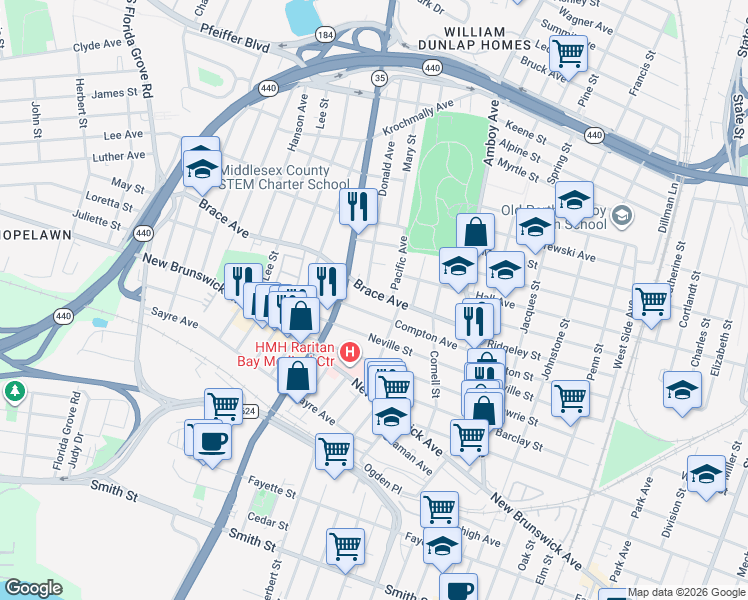 map of restaurants, bars, coffee shops, grocery stores, and more near 490 Compton Avenue in Perth Amboy