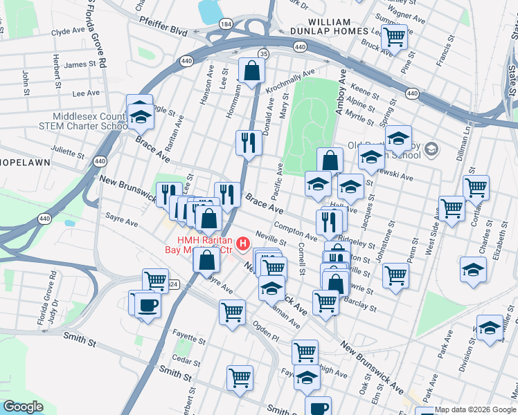 map of restaurants, bars, coffee shops, grocery stores, and more near 490 Compton Avenue in Perth Amboy
