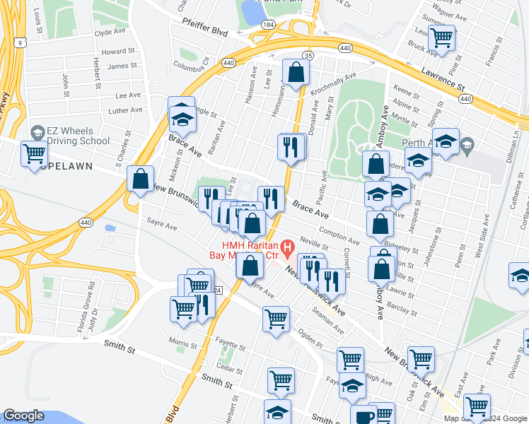 map of restaurants, bars, coffee shops, grocery stores, and more near 552 Neville Street in Perth Amboy