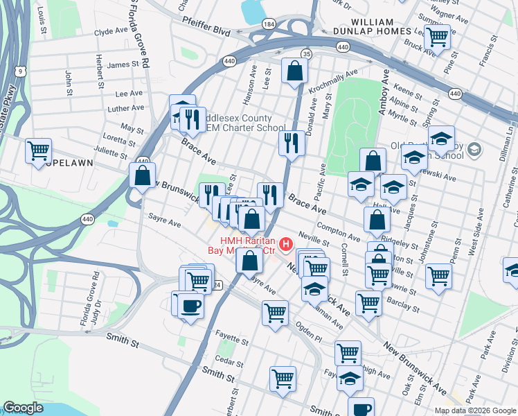 map of restaurants, bars, coffee shops, grocery stores, and more near 552 Neville Street in Perth Amboy