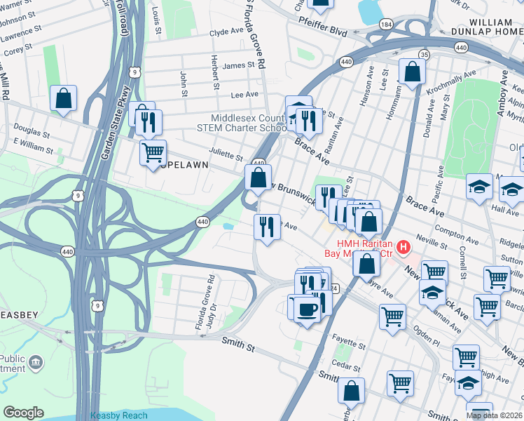 map of restaurants, bars, coffee shops, grocery stores, and more near 474 Florida Grove Road in Woodbridge Township