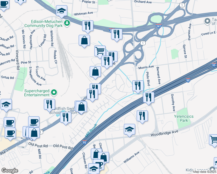 map of restaurants, bars, coffee shops, grocery stores, and more near 411 Edison Glen Terrace in Edison