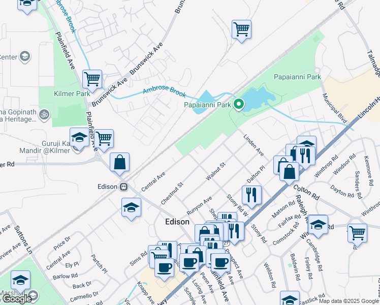 map of restaurants, bars, coffee shops, grocery stores, and more near 59 Stony Road West in Edison