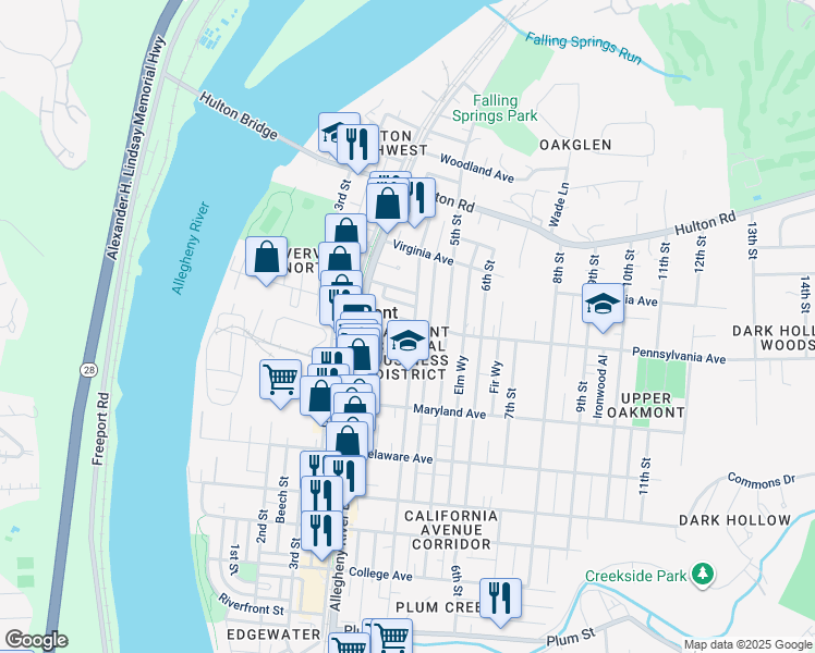 map of restaurants, bars, coffee shops, grocery stores, and more near 685 4th Street in Oakmont