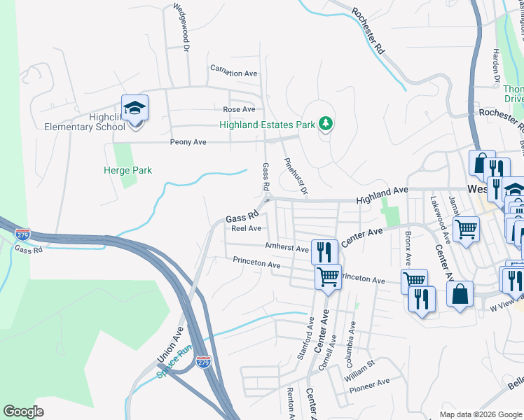 map of restaurants, bars, coffee shops, grocery stores, and more near 33 Gass Road in Pittsburgh