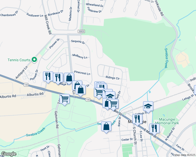 map of restaurants, bars, coffee shops, grocery stores, and more near 206 Ridings Circle in Macungie