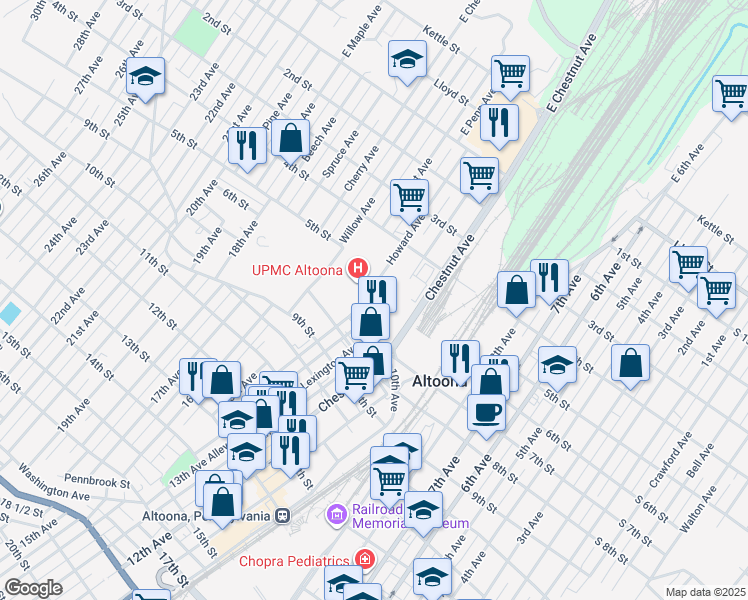 map of restaurants, bars, coffee shops, grocery stores, and more near 601-25 Howard Avenue in Altoona