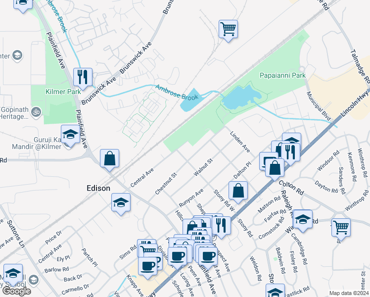 map of restaurants, bars, coffee shops, grocery stores, and more near 326 Central Avenue in Edison