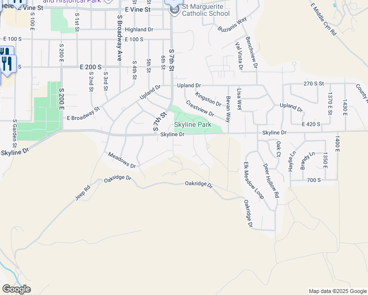 map of restaurants, bars, coffee shops, grocery stores, and more near 624 Mountaineer Circle in Tooele