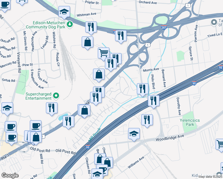 map of restaurants, bars, coffee shops, grocery stores, and more near 411 Edison Glen Terrace in Edison