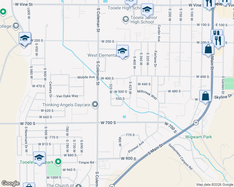 map of restaurants, bars, coffee shops, grocery stores, and more near 503 West 500 South in Tooele