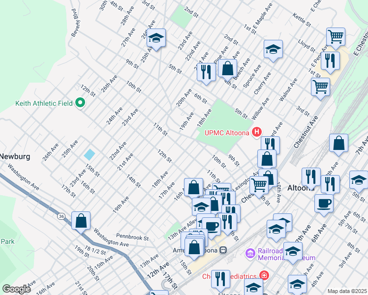 map of restaurants, bars, coffee shops, grocery stores, and more near 1800 11th Street in Altoona