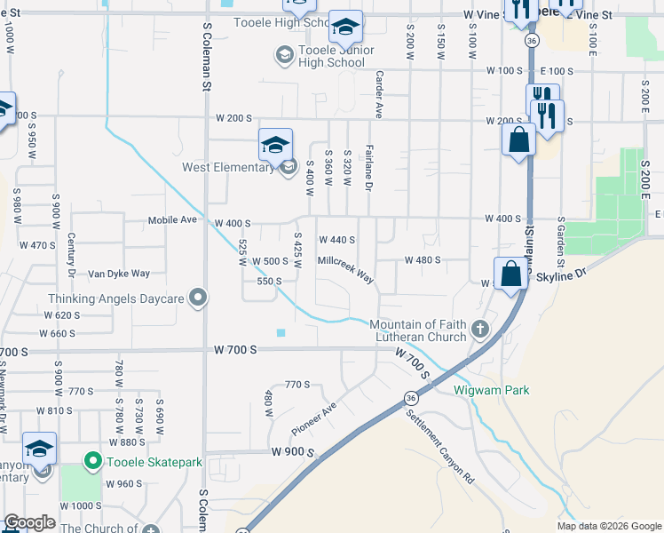 map of restaurants, bars, coffee shops, grocery stores, and more near 353 Millcreek Way in Tooele