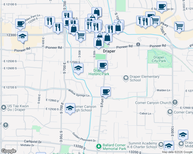 map of restaurants, bars, coffee shops, grocery stores, and more near 918 Manfield Way in Draper