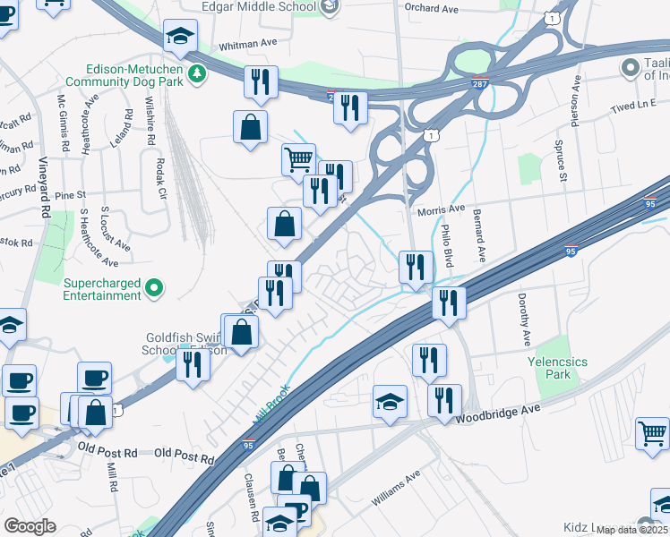 map of restaurants, bars, coffee shops, grocery stores, and more near 801 Edison Glen Terrace in Edison