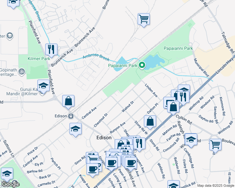 map of restaurants, bars, coffee shops, grocery stores, and more near 324 Central Avenue in Edison