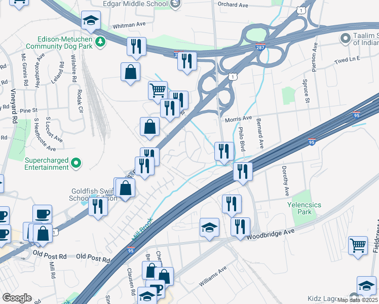 map of restaurants, bars, coffee shops, grocery stores, and more near 801 Edison Glen Terrace in Edison