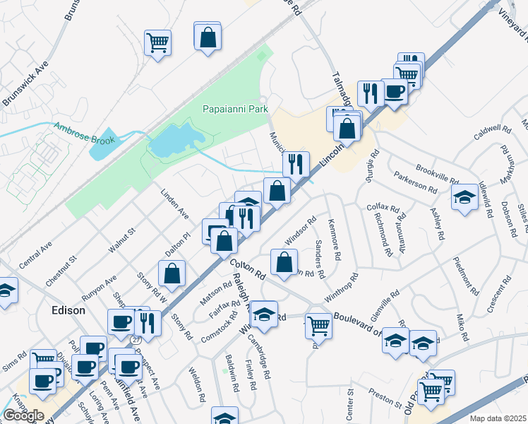 map of restaurants, bars, coffee shops, grocery stores, and more near 1984 New Jersey 27 in Edison