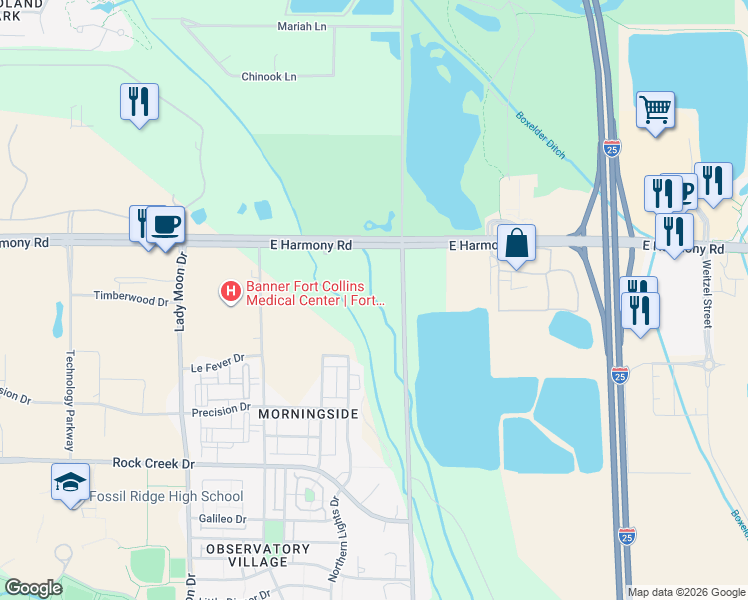 map of restaurants, bars, coffee shops, grocery stores, and more near 4701 Strauss Cabin Road in Fort Collins