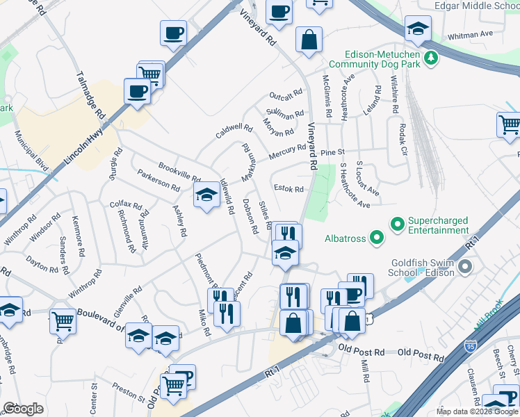 map of restaurants, bars, coffee shops, grocery stores, and more near 18 Dobson Road in Edison
