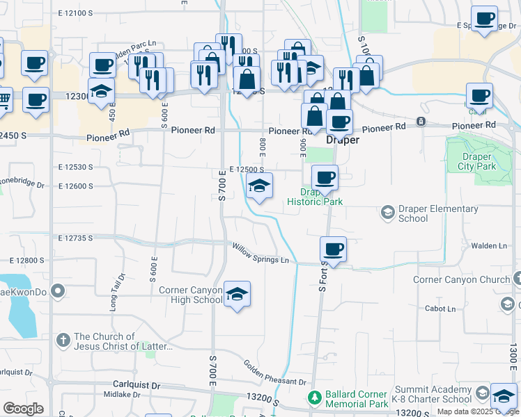 map of restaurants, bars, coffee shops, grocery stores, and more near 1080 East 12660 South in Draper