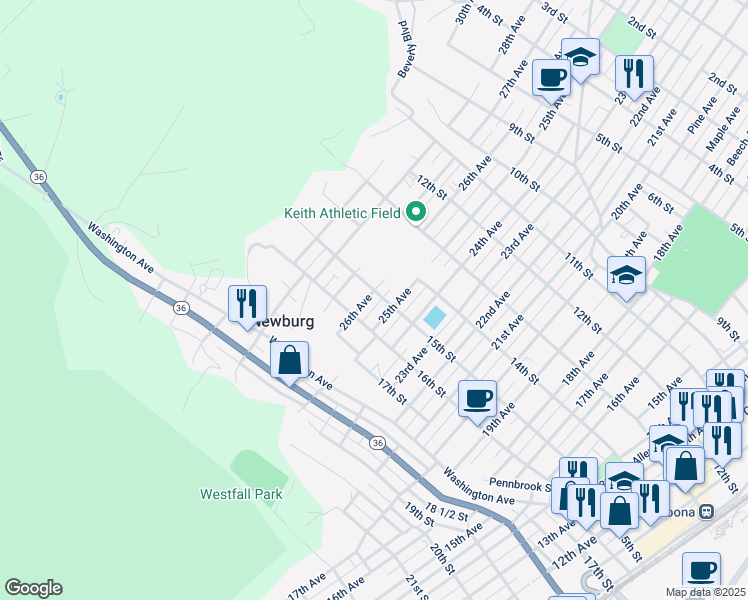 map of restaurants, bars, coffee shops, grocery stores, and more near 1508 25th Avenue in Altoona