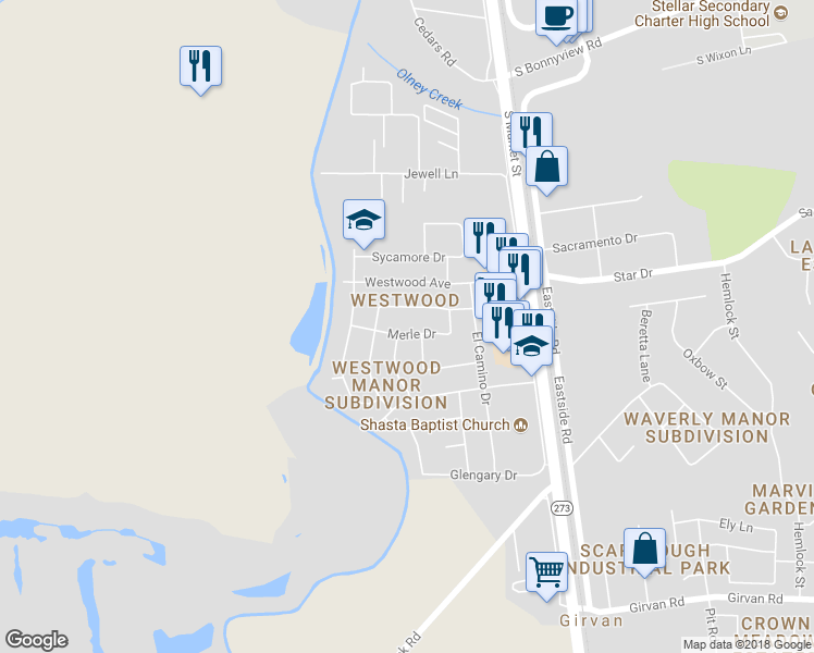 map of restaurants, bars, coffee shops, grocery stores, and more near 2010 Merle Drive in Redding