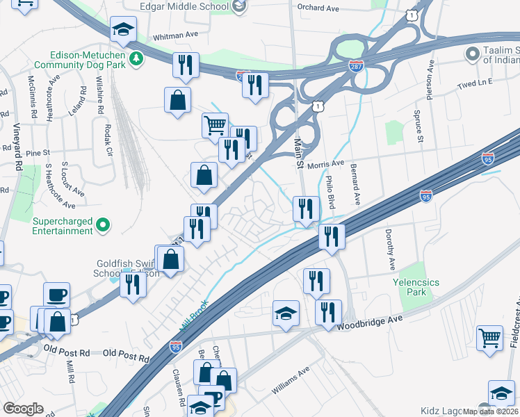 map of restaurants, bars, coffee shops, grocery stores, and more near 801 Edison Glen Terrace in Edison