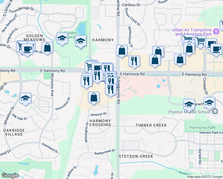 map of restaurants, bars, coffee shops, grocery stores, and more near 2038 Timberwood Drive in Fort Collins