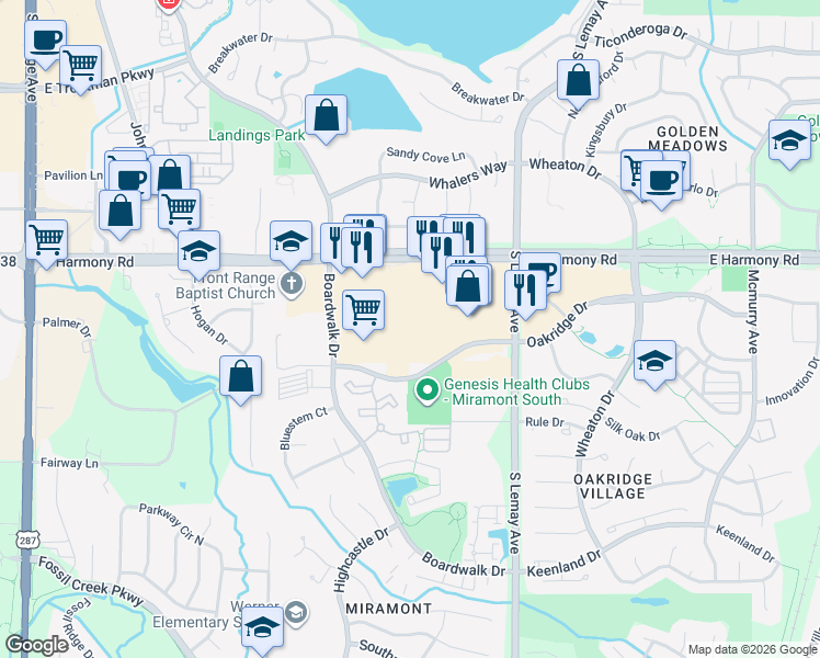 map of restaurants, bars, coffee shops, grocery stores, and more near 885-953 Oakridge Dr in Fort Collins