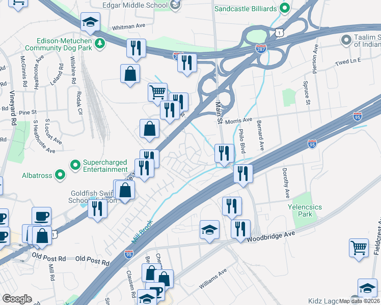map of restaurants, bars, coffee shops, grocery stores, and more near 801 Edison Glen Terrace in Edison