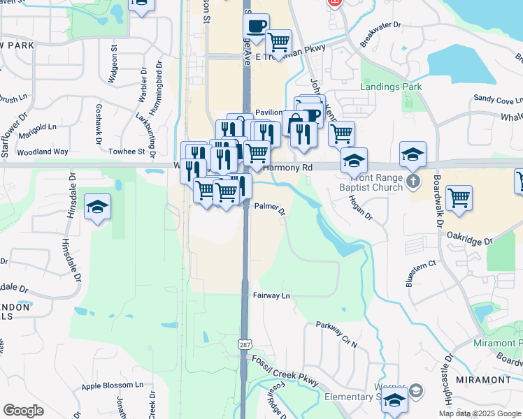 map of restaurants, bars, coffee shops, grocery stores, and more near 4710 South College Avenue in Fort Collins