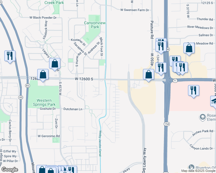 map of restaurants, bars, coffee shops, grocery stores, and more near 12644 South Quail Lake Drive in Riverton