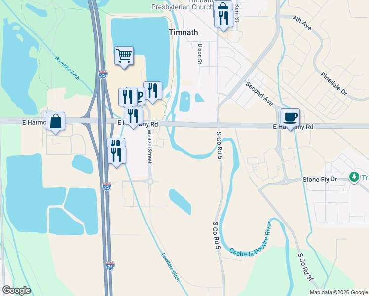 map of restaurants, bars, coffee shops, grocery stores, and more near 4801 East Harmony Road in Fort Collins
