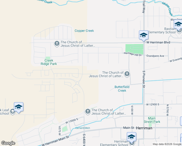 map of restaurants, bars, coffee shops, grocery stores, and more near 6354 Roaring River Lane in Herriman