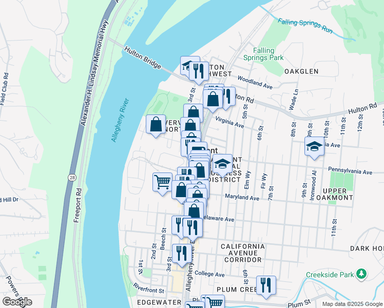 map of restaurants, bars, coffee shops, grocery stores, and more near 631 Allegheny Avenue in Oakmont