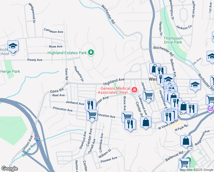 map of restaurants, bars, coffee shops, grocery stores, and more near 84 Georgetown Avenue in Pittsburgh