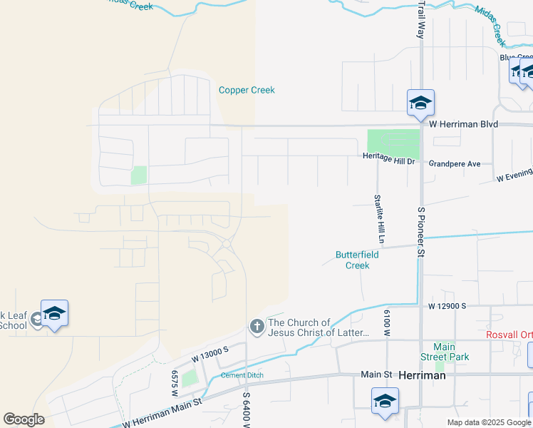 map of restaurants, bars, coffee shops, grocery stores, and more near 6354 Roaring River Lane in Herriman
