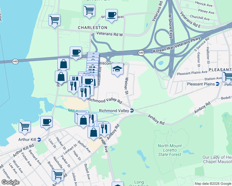 map of restaurants, bars, coffee shops, grocery stores, and more near 105 Richmond Valley Road in Staten Island