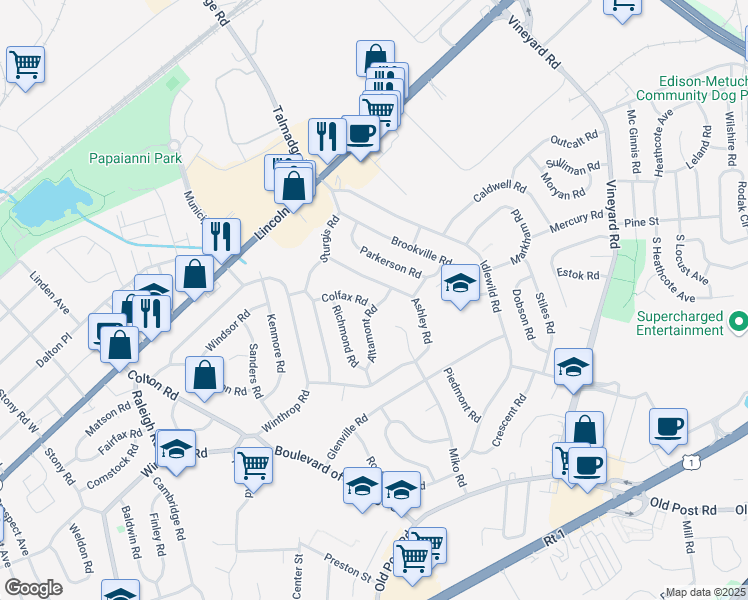 map of restaurants, bars, coffee shops, grocery stores, and more near 12 Altamont Road in Edison