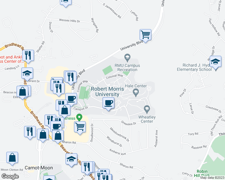 map of restaurants, bars, coffee shops, grocery stores, and more near 6001 University Boulevard in Moon