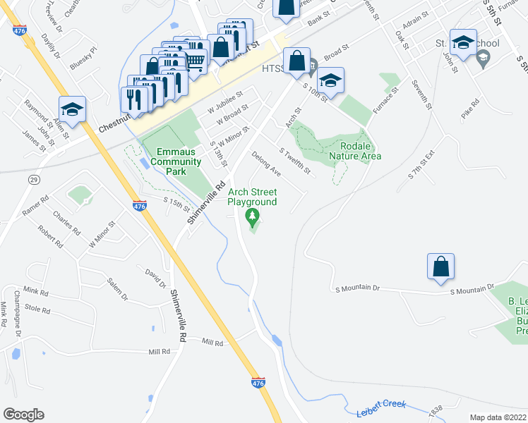 map of restaurants, bars, coffee shops, grocery stores, and more near 1392 Arch Street in Emmaus