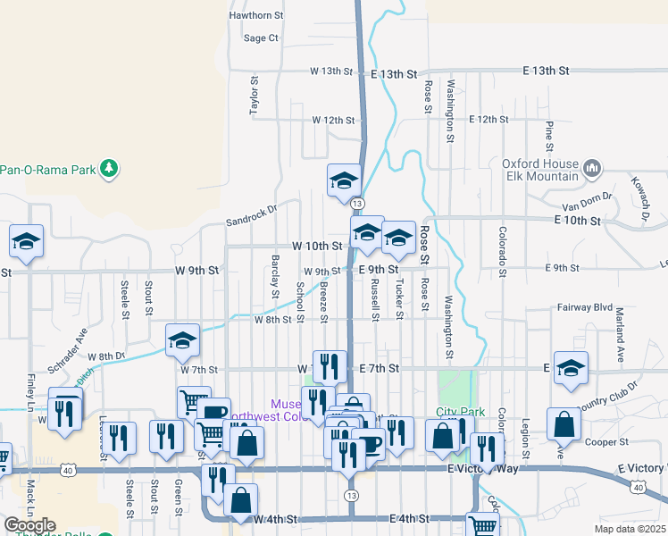 map of restaurants, bars, coffee shops, grocery stores, and more near 915 Breeze Street in Craig