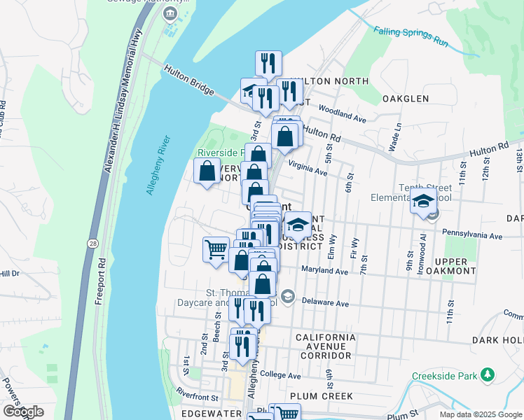 map of restaurants, bars, coffee shops, grocery stores, and more near Allegheny Avenue in Oakmont