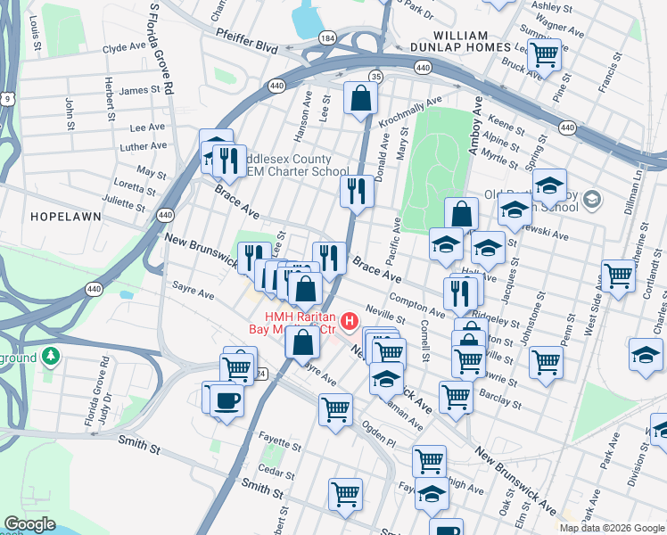 map of restaurants, bars, coffee shops, grocery stores, and more near 520 Convery Boulevard in Perth Amboy