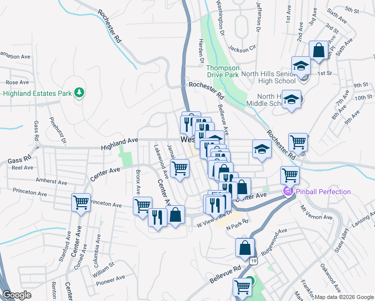 map of restaurants, bars, coffee shops, grocery stores, and more near 130 Chalfonte Avenue in Pittsburgh