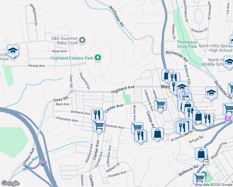 map of restaurants, bars, coffee shops, grocery stores, and more near 341 Highland Avenue in Pittsburgh