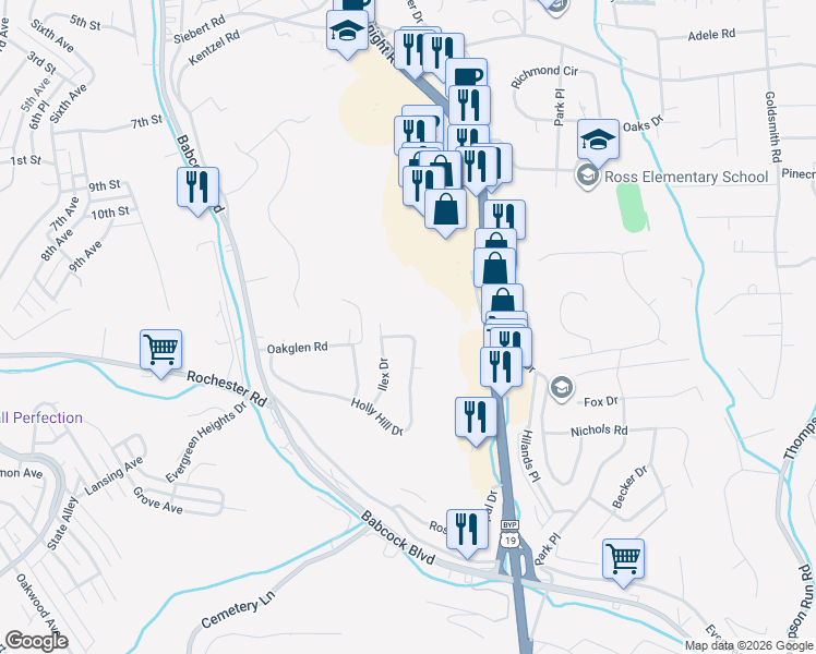 map of restaurants, bars, coffee shops, grocery stores, and more near 325 Holly Hill Drive in Pittsburgh